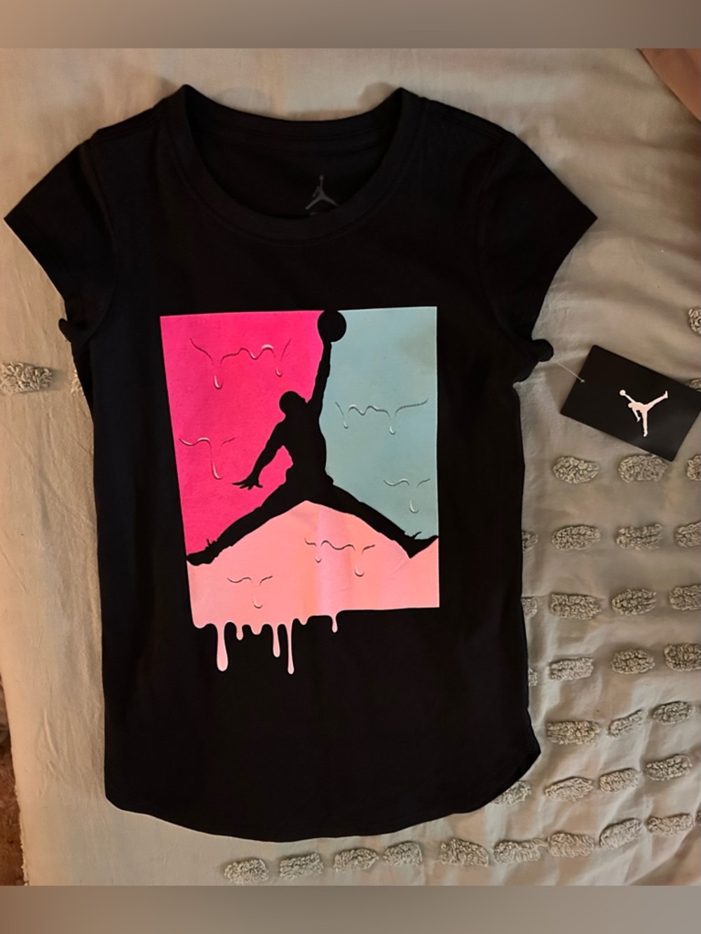 Jordan Black Tee with Pink and Teal Drip Jumpman | Size 10-12 Youth Girls NWT 🏷️ - Picture 11 of 11